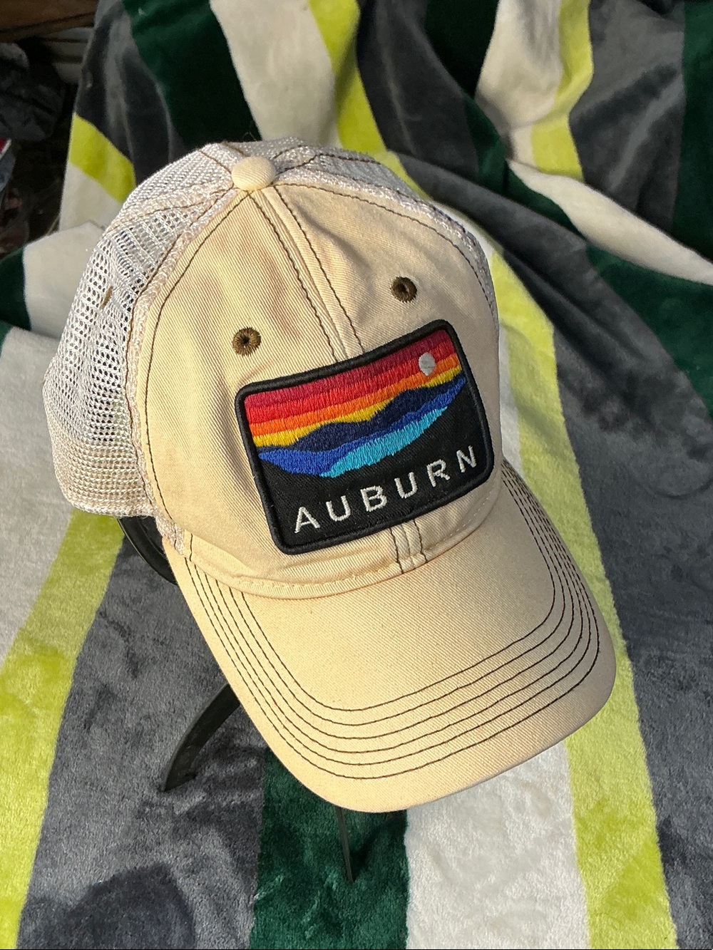 Legacy Beige Auburn Patch Trucker Hat with Multicolor Stripe Patch